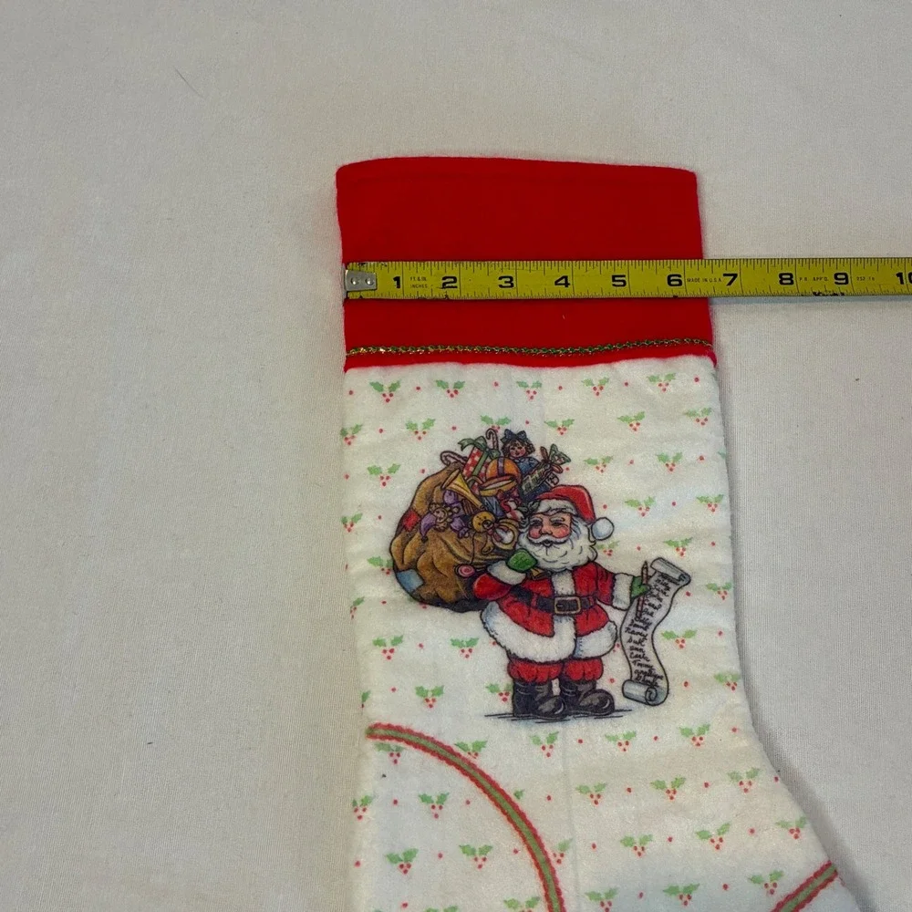 Vintage Christmas Stocking Santa Claus Holly Print Red Cuff Plush Holiday Decor‎ - Picture 4 of 4
